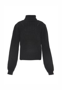 Schwarzer Strickpullover mit hohem Kragen, gerippter Textur, langen Puffärmeln und einem V-Muster auf dem Rücken, das kleine dekorative Löcher aufweist.