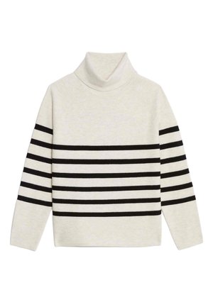 Roomkleurige coltrui met zwarte horizontale strepen. Geribbelde textuur, raglanmouwen en zij-inkepingen aan de zoom voor extra draagcomfort.