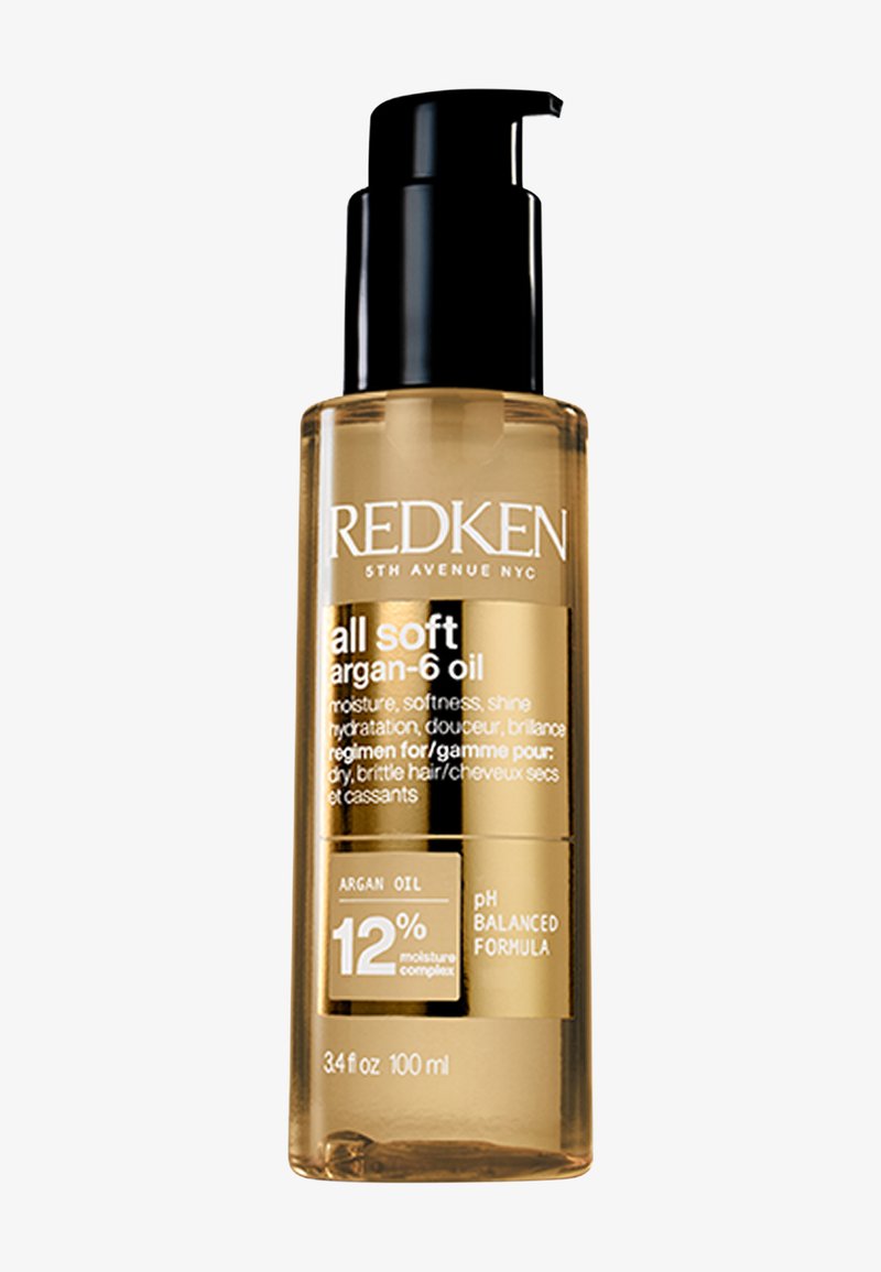 Redken All Soft Argan-6 Oil bottle with black pump, labeled for moisture, softness, shine, and care for dry, brittle hair, 100ml volume.