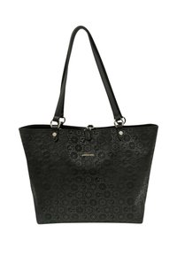 Borsa tote nera in materiale sintetico testurizzato. Presenta un motivo circolare in rilievo, doppi manici a spalla e dettagli in metallo argentato.