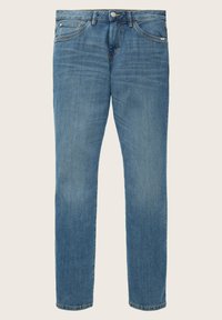 Modre denim hlače s ravnim krojem, standardnim petimi žepi in svetlim obrabljenim videzom. Imajo kovinsko strojno opremo na pasu.