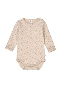 Long-sleeve baby bodysuit in beige, featuring a floral pattern in pink and brown, with snap closures at the bottom and a round neckline.