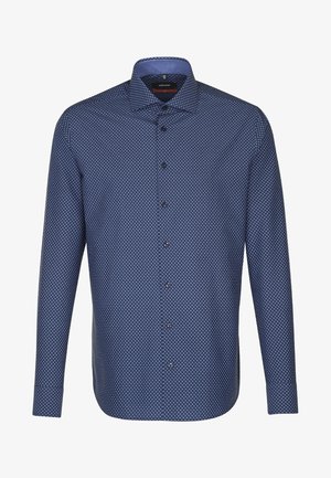 Long-sleeve shirt in dark blue fabric with white polka dots, featuring a button-down collar and a straight hem. Buttons along the front placket.