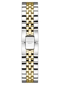 Montre en métal avec un bracelet en maillons argent et or, présentant un design moderne et un cadran carré gravé "ROSEFIELD AMS NYC."