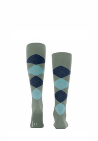 Calze alte fino al ginocchio in verde tenue con un motivo a diamante in blu navy e azzurro chiaro. Texture liscia, con cuciture a contrasto.