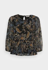 Sort bluse med lange gennemsigtige ærmer, der har et blomster mønster i blå og brun. Nøglehul halsudskæring, peplum forneden og letvægtsstof.