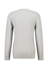 Light grey knitted sweater, round neckline, long sleeves, textured fabric with ribbed cuffs and hem, side slits at the bottom.