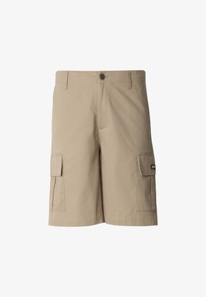Beige cargoshorts til kneet med knapp og glidelåslukking, beltehemper og klafflommer på begge lårene.
