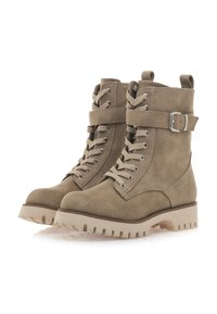 Botas de ante hasta el tobillo en taupe con parte delantera con cordones, correa ajustable con hebilla y diseño de suela resistente para una mayor tracción.