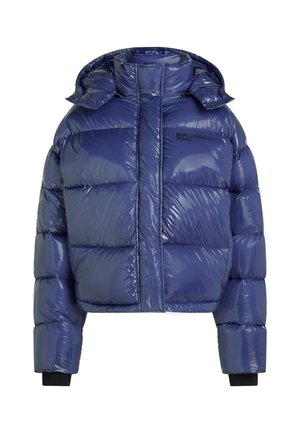 Blue shiny puffer jacket with a cropped design, high collar, elasticized cuffs, and a front zip. Features logo detail on the chest.