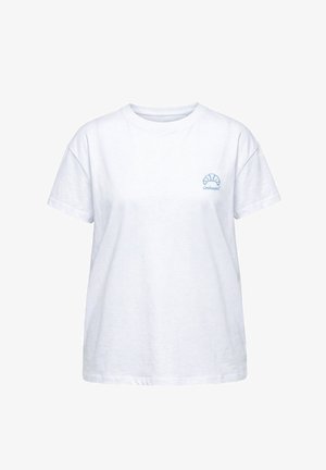 Weißes T-Shirt mit kurzen Ärmeln und Rundhalsausschnitt, mit kleinem blauen Croissant-Motiv und dem Schriftzug "Croissant" auf der linken Brustseite.