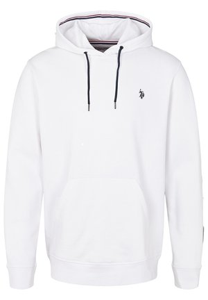 Weißes Kapuzensweatshirt mit Fronttasche, schwarzen Kordeln und kleinem schwarzem Logo auf der linken Brust.