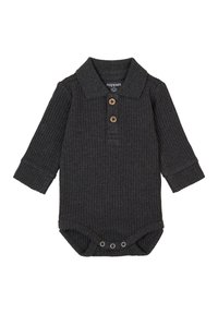 Donkergrijze lange mouw bodysuit met geribbeld textuur, kraaghalslijn, drie houten knopen en drukknoopsluitingen aan de onderkant.