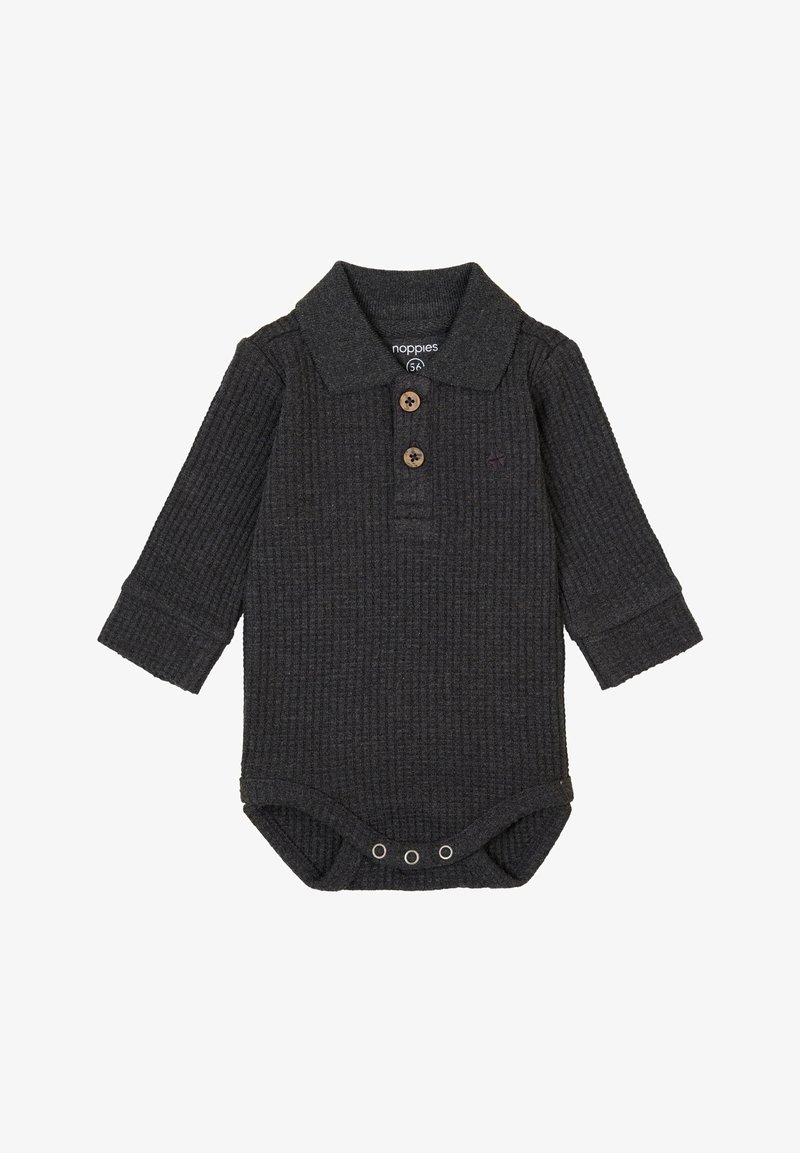 Dunkelgraues Langarm-Body mit Rippstruktur, kragenförmigem Ausschnitt, drei Holzknöpfen und Druckknopfverschlüssen am Boden.