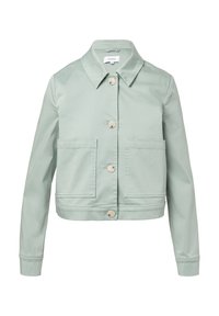 Jasnozielona krótka kurtka wykonana z gładkiego materiału, z kołnierzykiem typu punktowego, dwoma przednimi kieszeniami i zapięciem na guziki z neutralnymi guzikami.