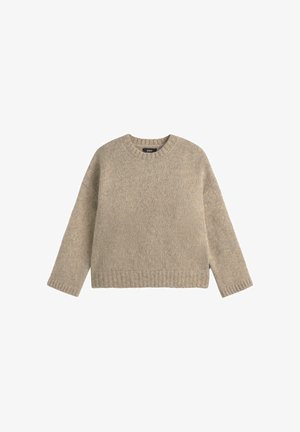 Hele beež kudumistrikoo, ümara kaelusega, pikkade varrukatega ning soonikkoes varrukate ja allaäärega. Pehme tekstuur, mugav lõige, minimalistlik disain.