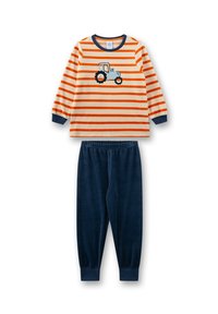 Striped long-sleeve shirt in cream with orange stripes and tractor graphic; paired with soft navy fleece pants with an elastic waistband.