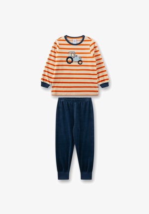 Striped long-sleeve shirt in cream with orange stripes and tractor graphic; paired with soft navy fleece pants with an elastic waistband.