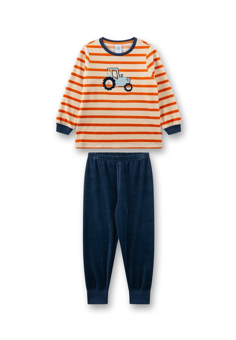 Striped long-sleeve shirt in cream with orange stripes and tractor graphic; paired with soft navy fleece pants with an elastic waistband.