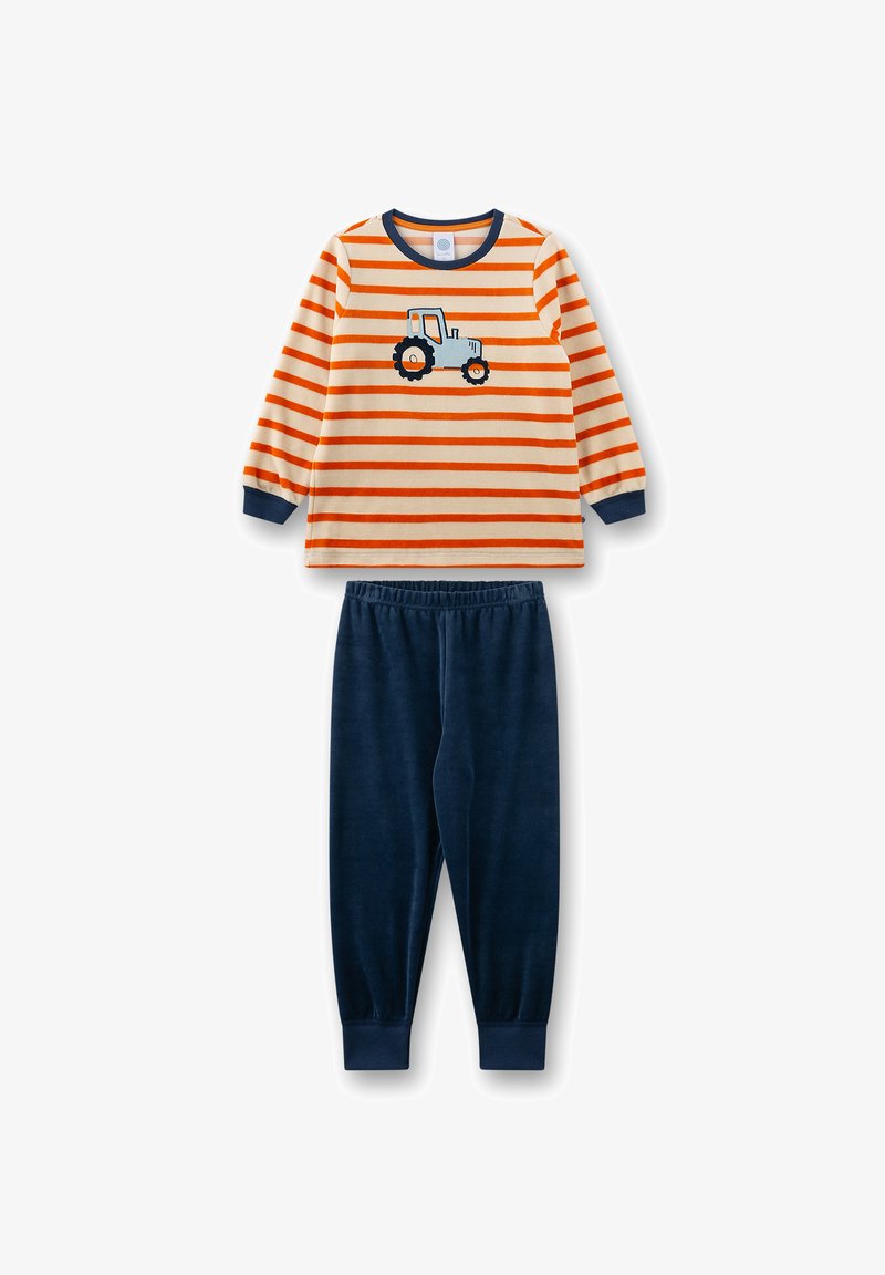 Striped long-sleeve shirt in cream with orange stripes and tractor graphic; paired with soft navy fleece pants with an elastic waistband.