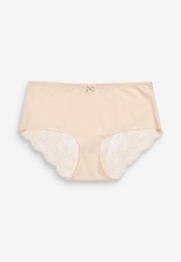 Beige bikini-stijl ondergoed met een soepele, rekbare stof met kantaccenten aan de zijkanten en een kleine decoratieve strik aan de voorkant.
