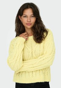 Pull en maille jaune avec un motif en torsades, encolure ronde et manches longues. Texture douce avec des poignets et un ourlet côtelés.