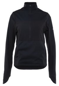 Sort halvlukket pullover med lange ærmer, lavet af glat, letvægtsstof. Har høj krave og kontrastpanel-design.