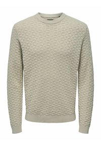 Pull gris clair avec un motif en diamants texturé, un col rond et des poignets et un ourlet côtelés. Fabriqué en tissu doux et confortable.