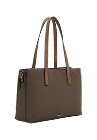 Bolso tote rectangular marrón con asas dobles de color marrón claro, cierre de cremallera plateada y pequeño logotipo de la marca metálico en la parte delantera.