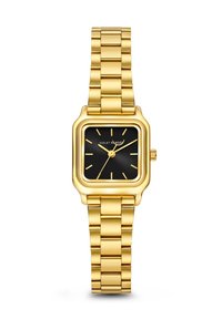 Goldfarbenes Metallarmbanduhr mit quadratischem Ziffernblatt, schwarzem Ziffernblatt und goldenen Stundenmarkierungen. Verfügt über ein gliederförmiges Armband und eine seitliche Krone zur Einstellung.