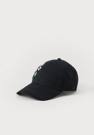 Cappello da baseball nero con accento verde e design floreale ricamato. Presenta una corona strutturata e visiera curva.