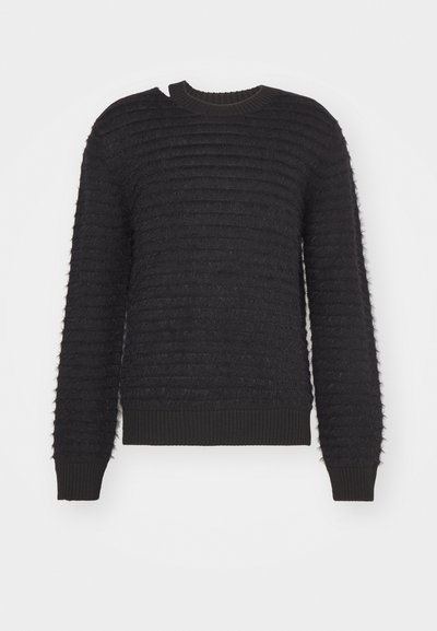 Black textured sweater with horizontal ribbed pattern, crew neck, and long sleeves. The material appears soft with a fluffy texture and ribbed cuffs.