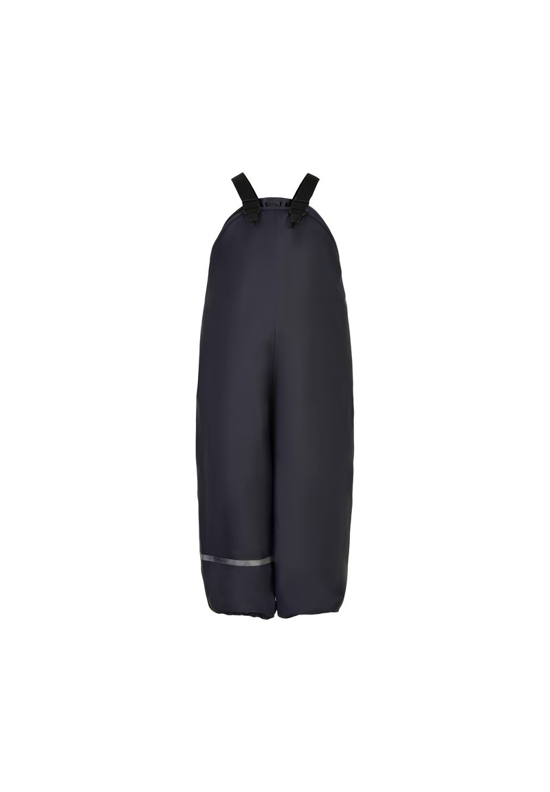 Sorte vanntette overaller med justerbare stropper, glatt tekstur, vide ben og reflekterende stripe nær bunnen for synlighet.