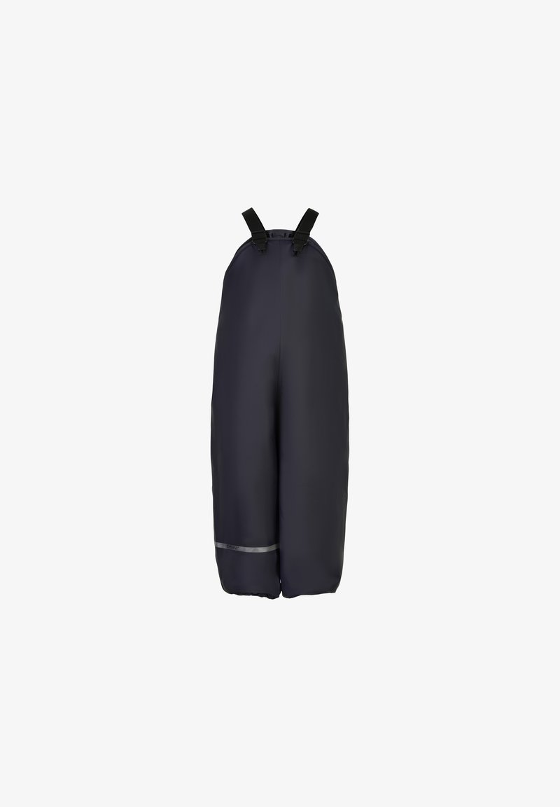 Black waterproof overalls with adjustable straps, smooth texture, wide legs, and reflective stripe near the bottom for visibility.