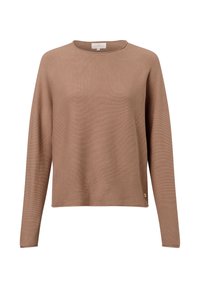 Pruun kootud kampsun ümarate kaeluseääre, pikkade varrukate ja veidi kastikujulise lõikega. Vööpikendusel väike logoga detail.