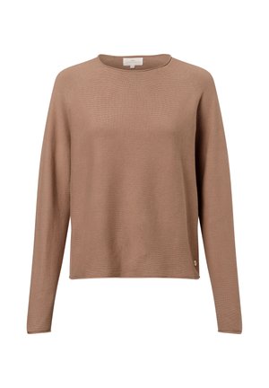 Brūns adīts džemperis ar apaļu kakla izgriezumu, garām piedurknēm un viegli kastveida formu. Apakšmalā ir neliels logotipa akcents.