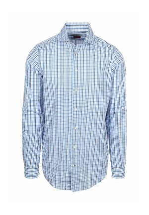 Overhemd met lange mouwen en knopen, blauw-wit geruit patroon en een klassieke kraag op een witte achtergrond.