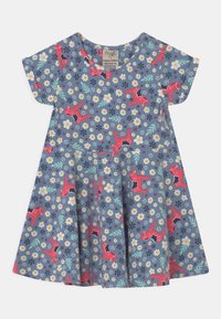 Lyhythihainen mekko sinisestä luomupuuvillasta, kukka- ja koirakuvioilla. Pyöreä pääntie ja levenevä helma, sopii 6-12 kuukauden ikäisille.
