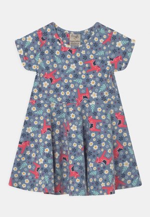 Jurk met korte mouwen in blauw biologisch katoen met een bloemen- en hondenprint. Heeft een ronde halslijn en een uitlopende rok, geschikt voor 6-12 maanden.