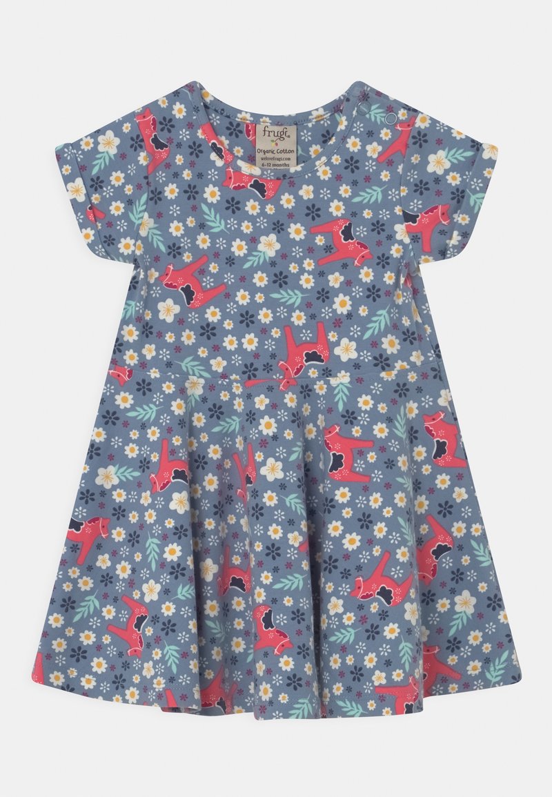 Lyhythihainen mekko sinisestä luomupuuvillasta, kukka- ja koirakuvioilla. Pyöreä pääntie ja levenevä helma, sopii 6-12 kuukauden ikäisille.