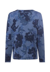 Blauwe lange mouwtop met een donkere bloemenprint. Geweven stof met een ronde halslijn en een rechte zoom.