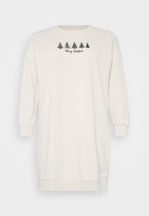 Cream-colored sweatshirt dress with long sleeves, ribbed cuffs, and a round neckline. Features a printed "Merry Christmas" and tree design.