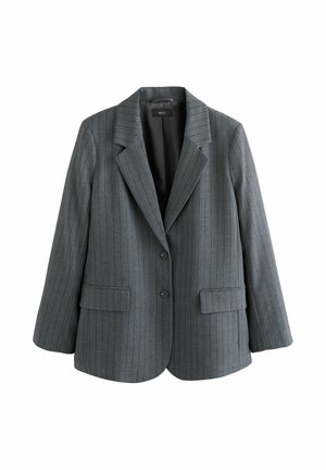 Šedý pruhovaný blazer vyrobený z texturované tkaniny, s klopovým límcem, dvěma předními kapsami a dvěma knoflíky. Podšívkový interiér.