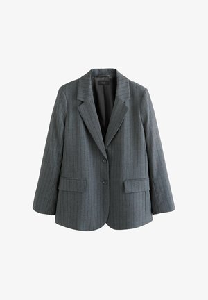 Gray pinstriped blazer made of textured fabric, featuring a notched collar, two front pockets, and two buttons. Lined interior.
