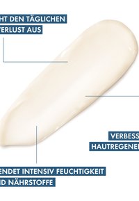 Creamy, off-white lotion with a smooth texture, presented as a swatch. Text annotations highlight moisturizing and nourishing features.