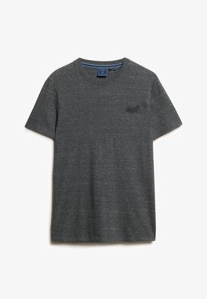 Camiseta de manga corta gris oscuro hecha de tejido texturizado, con un escote redondo y un pequeño logo bordado en el pecho.