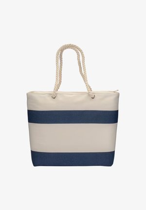 Canvas draagtas met crèmekleurige en blauwe strepen, voorzien van een touwhandvat en een ritsluiting. Stevige ontwerp en een soepele textuur.