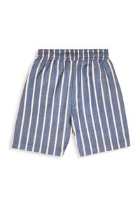 Short bleu à rayures blanches verticales avec une ceinture élastique, présenté à plat sur un fond blanc.