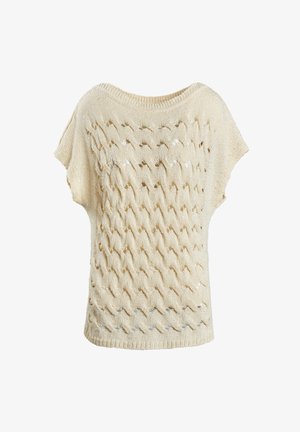 Light beige knit top featuring an open pattern with a textured diamond design, wide neckline, and short sleeves. Soft fabric.