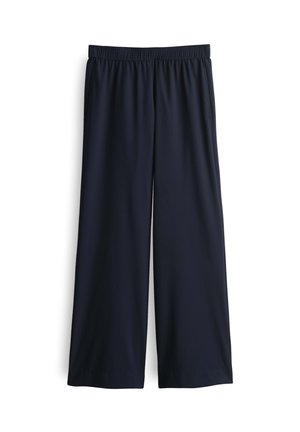 Navy wide-leg pants with an elastic waistband, featuring a smooth texture and a loose fit, suitable for casual wear.